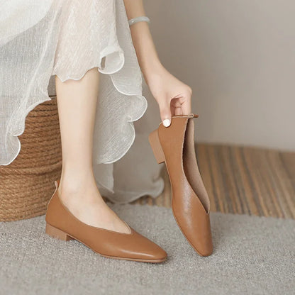 Genuine Leather Multi-color Low-heeled women's Shoes  Round Toe Flat Bottom Shallow Cut Single Shoe Casual Versatile Loafers