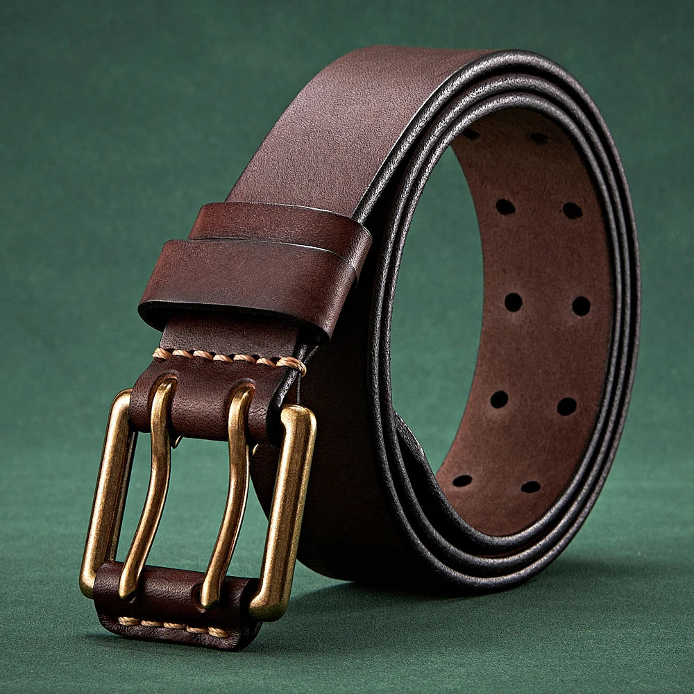 3.8cm Wide Vintage Men's Belt Cowhide Genuine Leather Belt Copper Double Needle Buckle Handmade Jeans Belt Fashion Male Strap