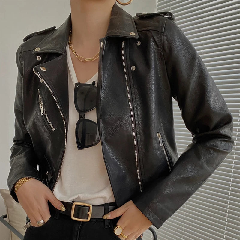 New Leather Jacket Women's Fashion Autumn PU Slim Fit Artificial Leather Motorcycle Coat Black Red Leather Jacket Women