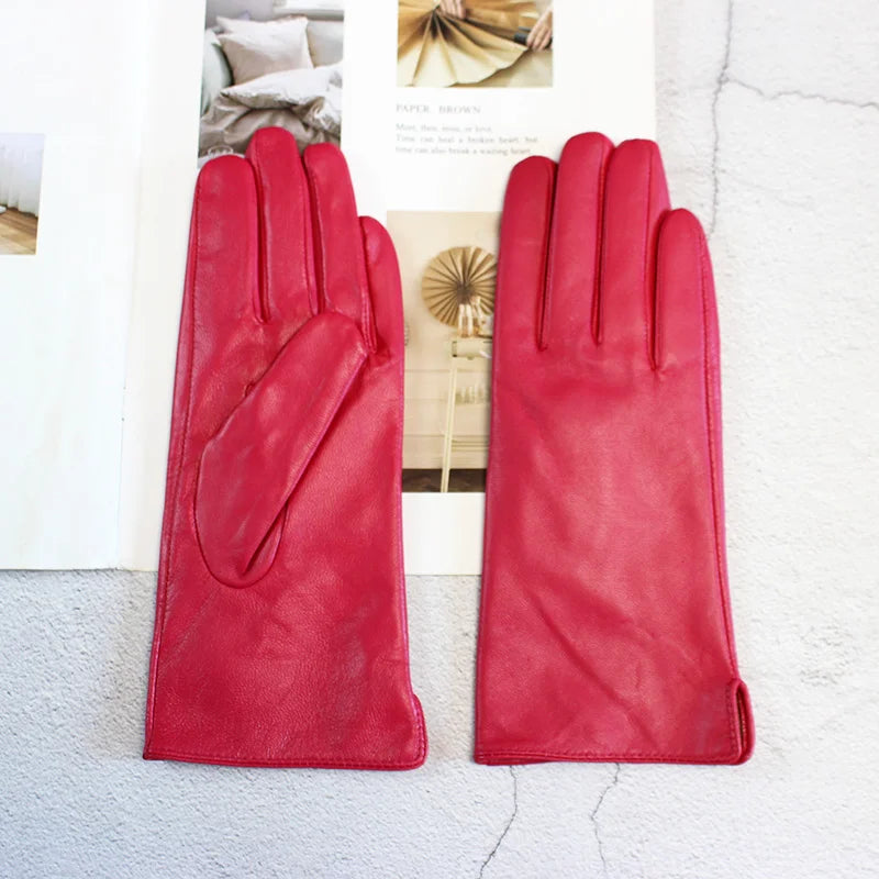 Leather Sheepskin Gloves Women's Autumn Warm Fleece Lining Color Fashion Thin Outdoor Activities Electric Bike Riding Driving