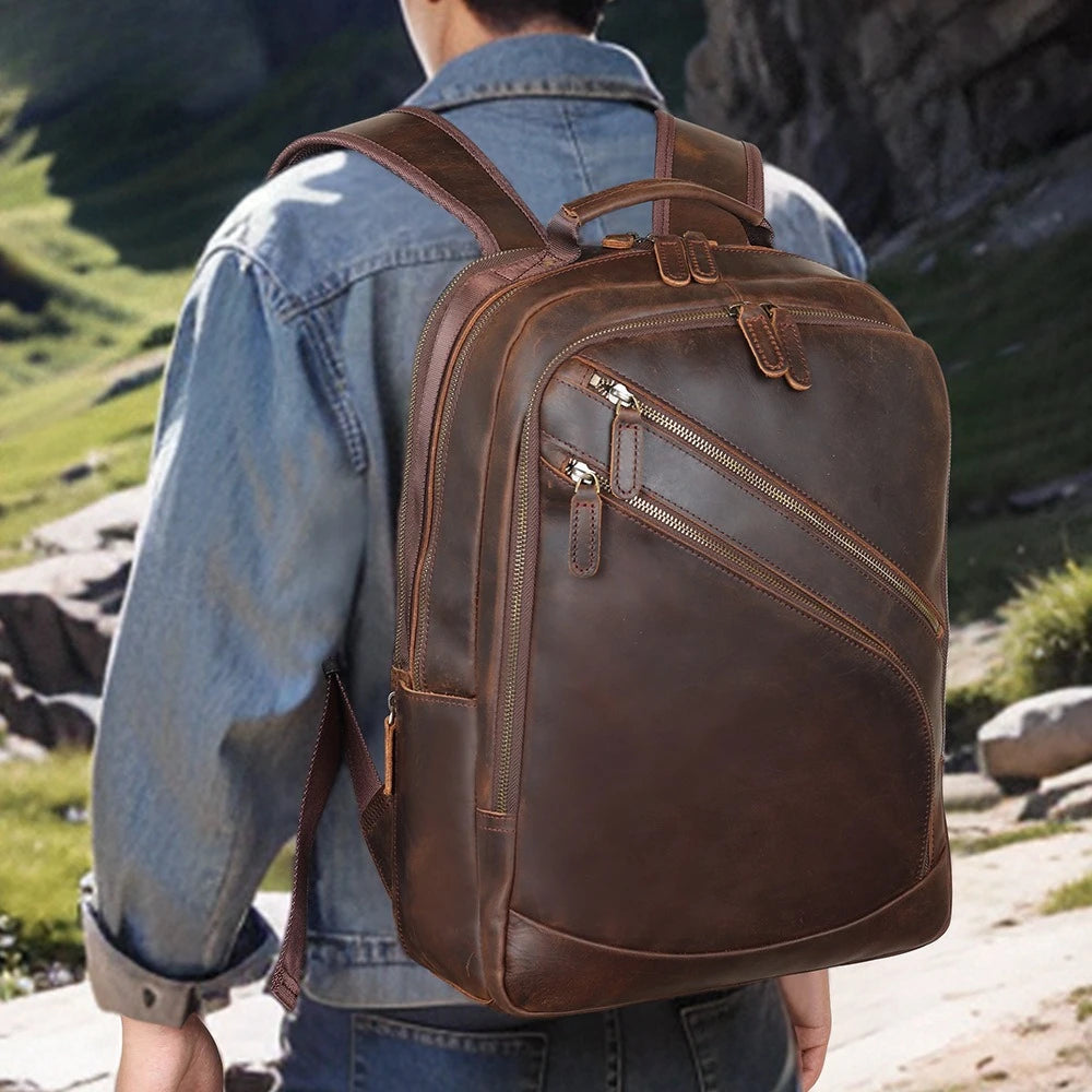 Men’s Genuine Leather Laptop Backpack 15.6 Inch, Premium Cowhide Business Bag, Travel Camping Rucksack