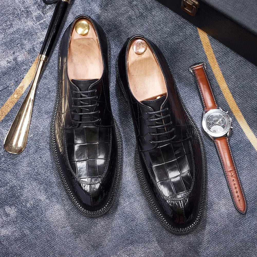 Men's Leather Shoes British Style Black Genuine Cowhide Crocodile Pattern Formal Derby Shoes Thick Sole Height Increase Shoes