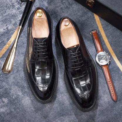 Men's Leather Shoes British Style Black Genuine Cowhide Crocodile Pattern Formal Derby Shoes Thick Sole Height Increase Shoes