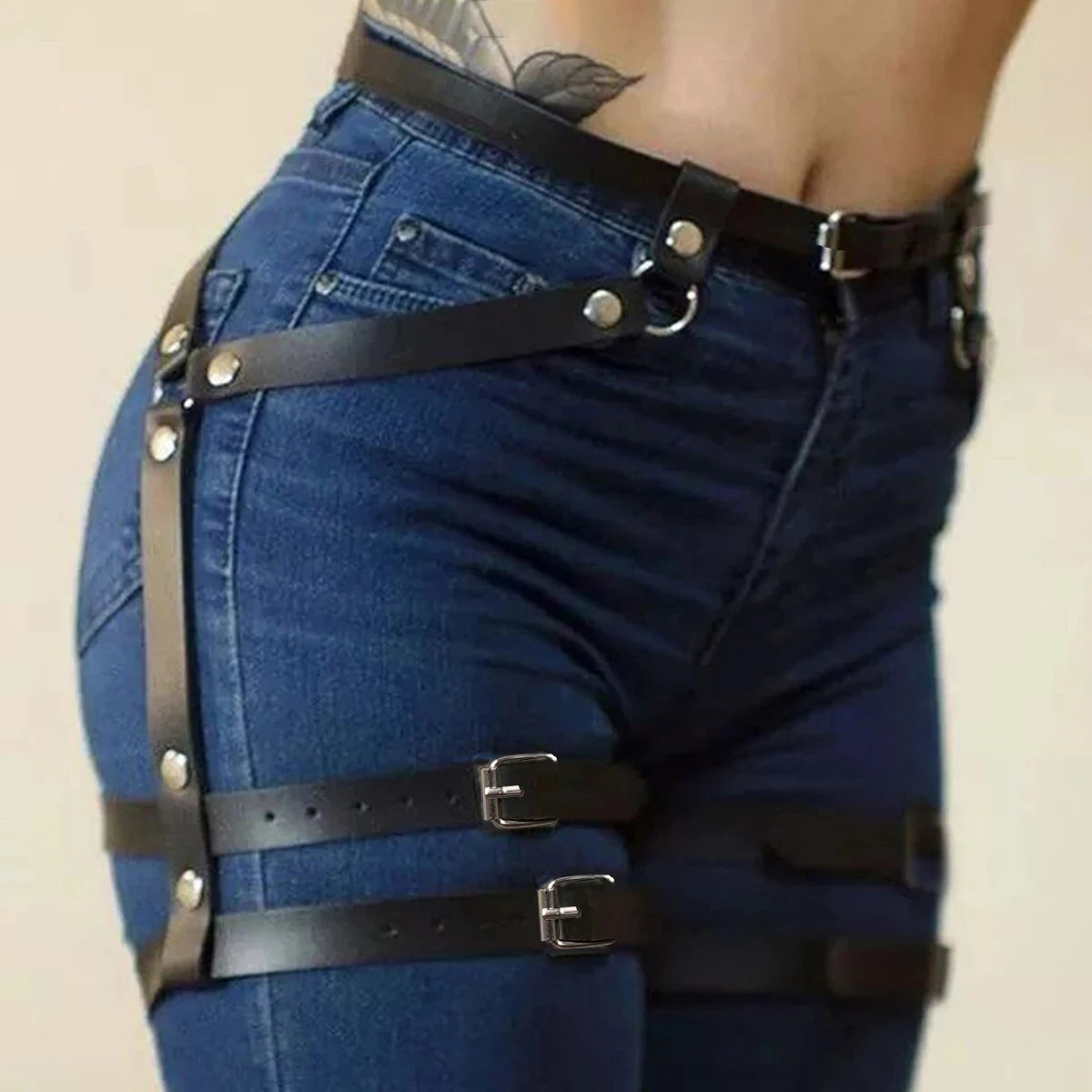 Women Leather Garter Belt Harness Gothic Leg Harness Leather Accessories for Party Dating Leather Leg Harness Belt