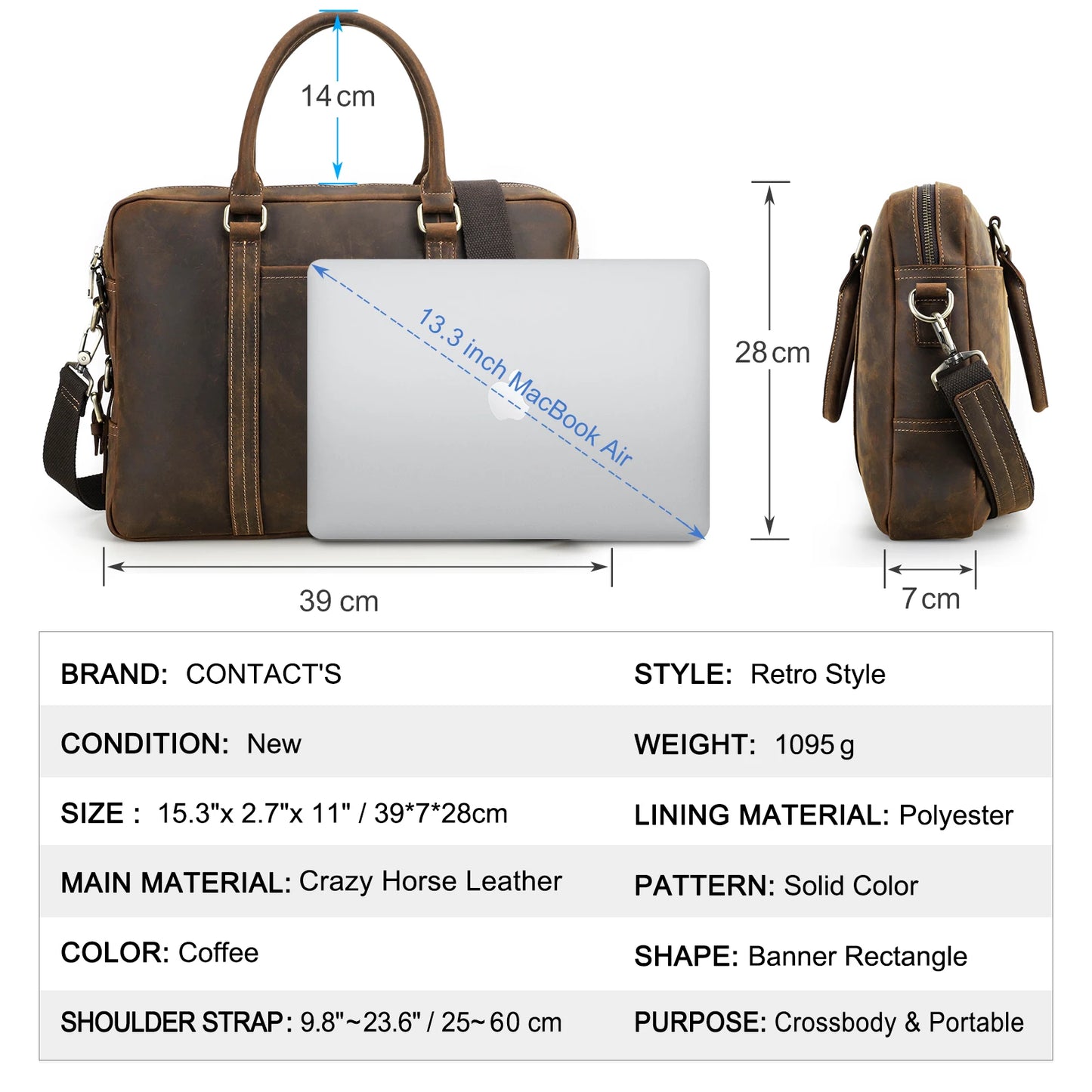 Genuine Crazy Horse  Leather Men Laptop Bags Business Men's Briefcase Male Shoulder Tote Handbag Casual Crossbody Bag