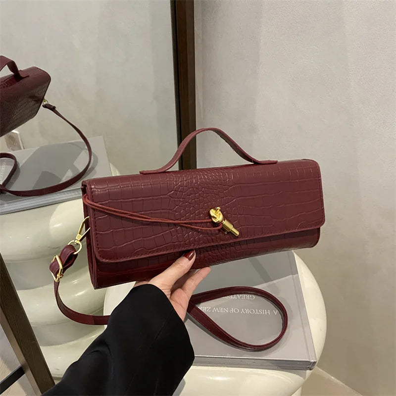 Women's Bags Burgundy Retro PU Leather Crocodile Pattern long Flip Women's Clutch Elegant Evening Bag Shoulder Crossbody Bag