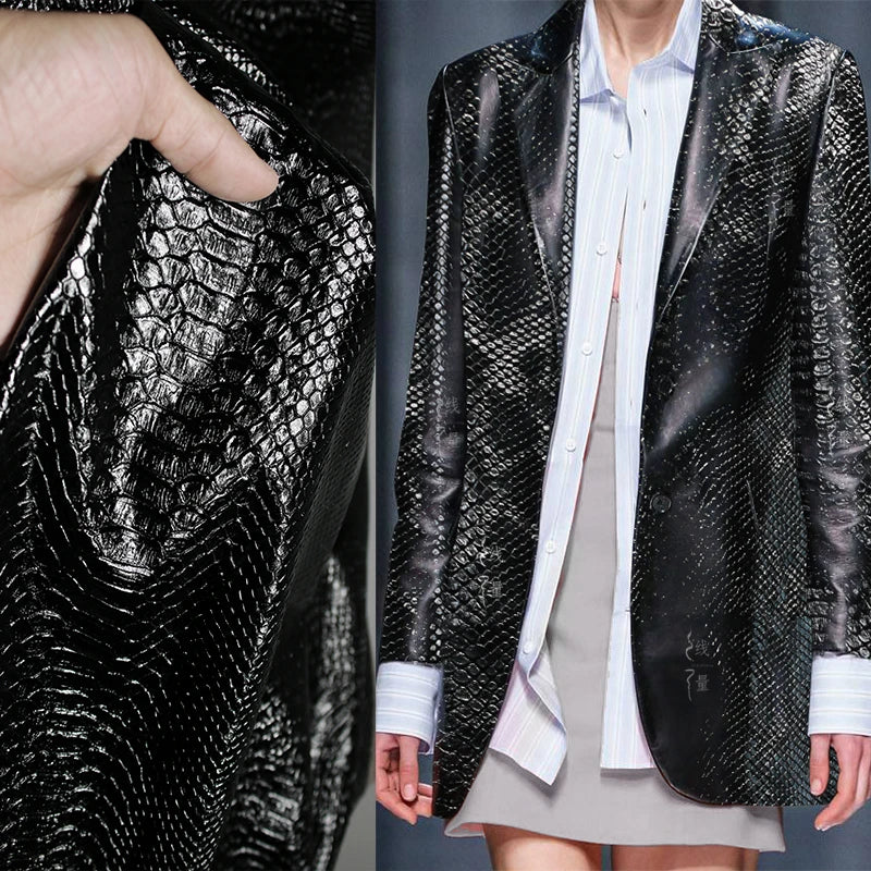 Snake Skin Pattern Matte Three-dimensional Heavy Texture PU Black Leather Textile Fabric Coat Clothing Designer Fabric