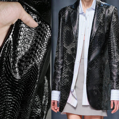 Snake Skin Pattern Matte Three-dimensional Heavy Texture PU Black Leather Textile Fabric Coat Clothing Designer Fabric
