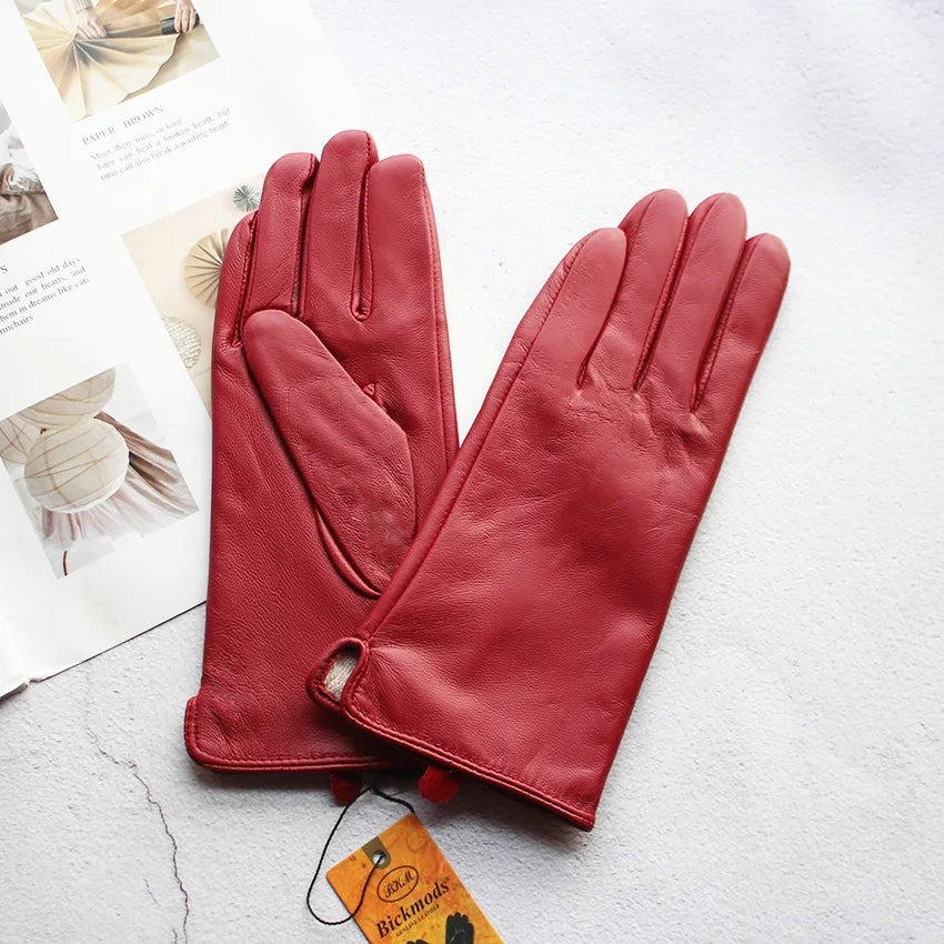 Leather Sheepskin Gloves Women's Autumn Warm Fleece Lining Color Fashion Thin Outdoor Activities Electric Bike Riding Driving
