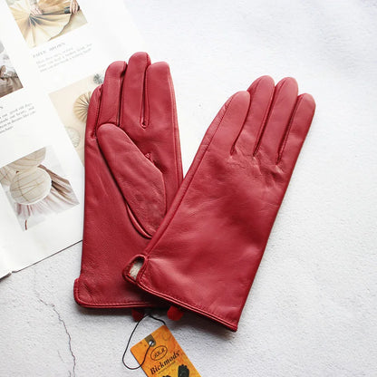 Leather Sheepskin Gloves Women's Autumn Warm Fleece Lining Color Fashion Thin Outdoor Activities Electric Bike Riding Driving