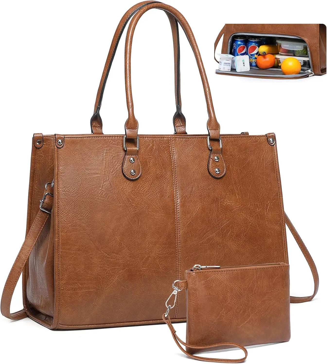2 in 1 Laptop Tote Bag with Insulated Lunch Compartment for Women Work, PU Leather Lunch Bag with 15.6 Inch Computer Compartment