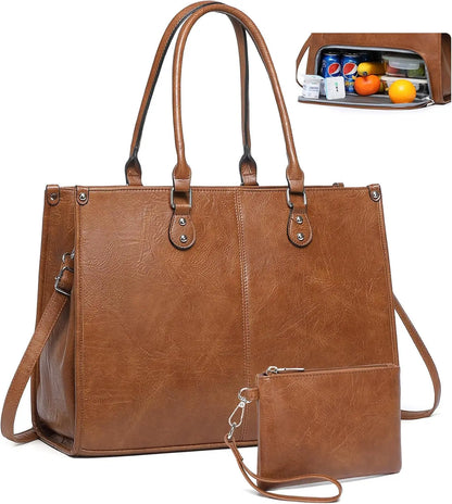 2 in 1 Laptop Tote Bag with Insulated Lunch Compartment for Women Work, PU Leather Lunch Bag with 15.6 Inch Computer Compartment