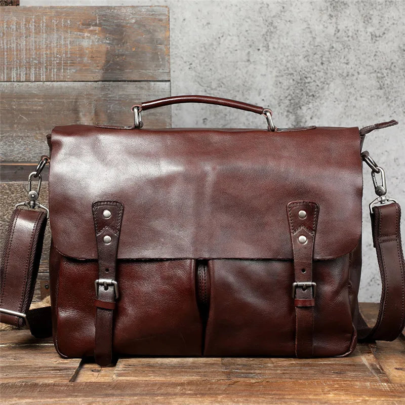 Fashion high-quality genuine leather men's briefcase business natural real cowhide handbag luxury black laptop messenger bags
