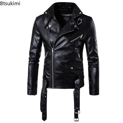 Handsome Motorcycle Leather Jackets for Men British Style Fashion Faux Leather Zipper Coat Casual Streetwear Men Punk PU Jackets