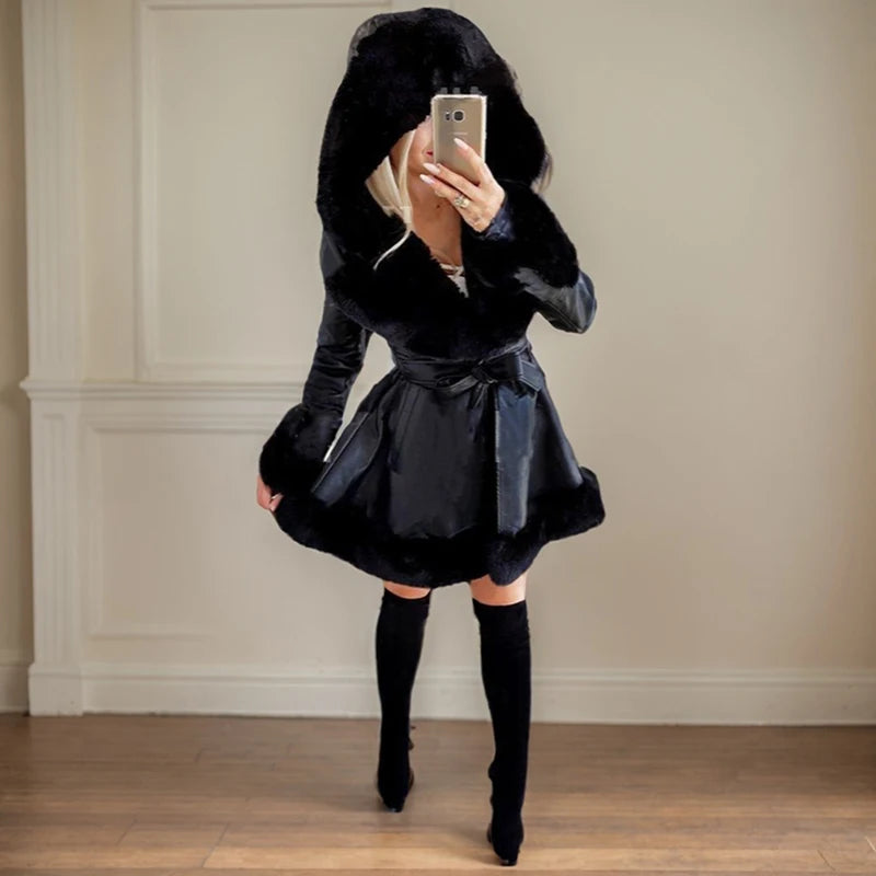 Faux Fur Jackets for Women Elegant Contrast Color Fur Collar Belt Coat Streetwear Lapel Warm Ruffled Hooded Waist-Tight Jacket