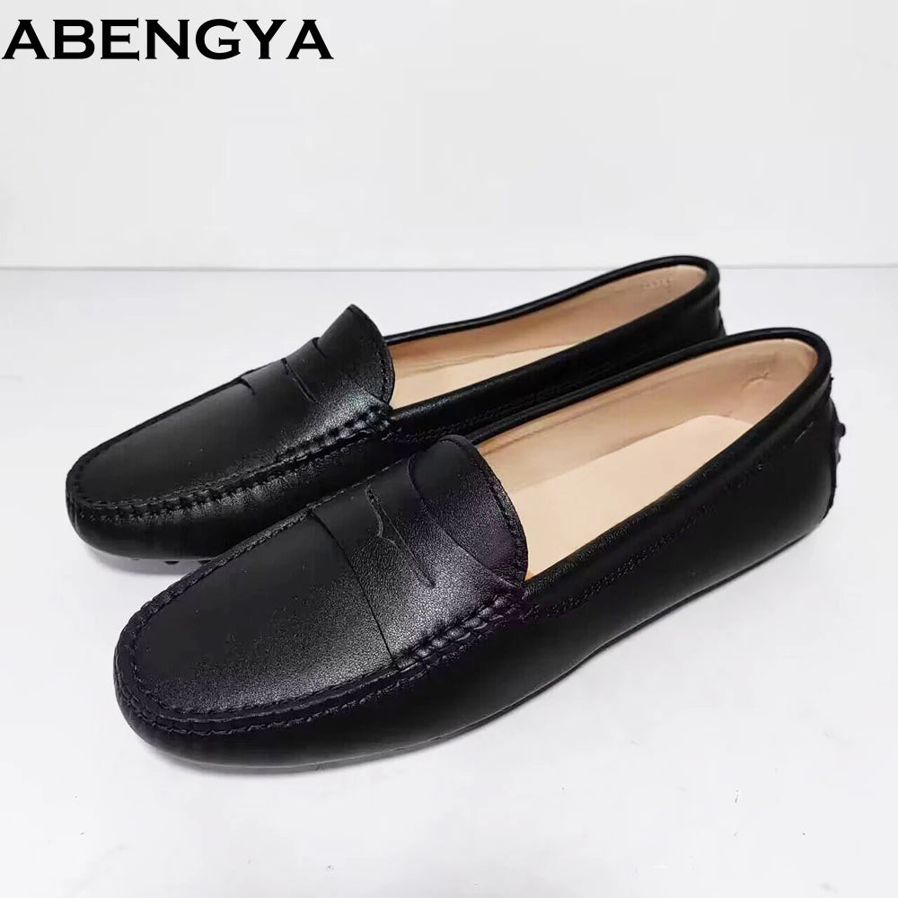 ABENGYA Real Leather Loafers Flat Shoes Women Slip On Ladies Casual Single Shoes Ballet Flats Shoes For Women Mules