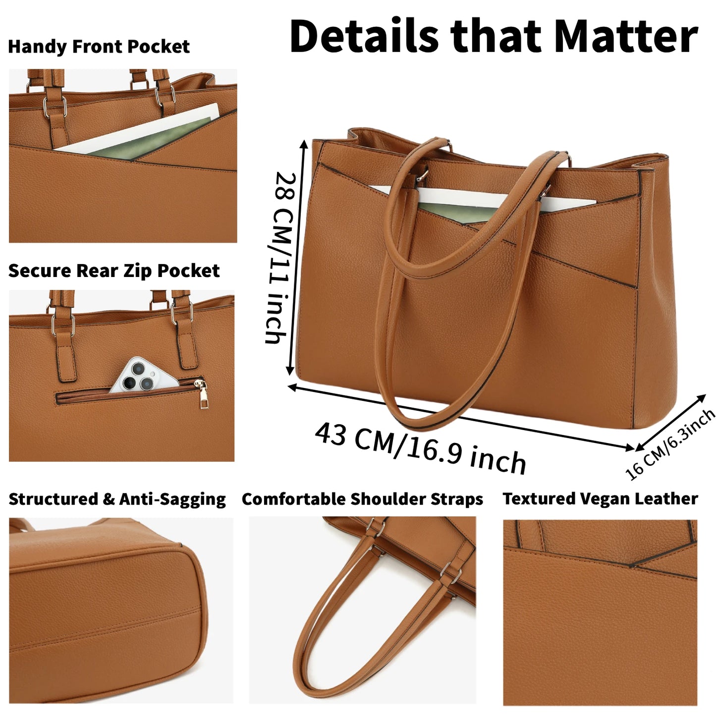 Laptop Tote Bags for Women 15.6 Inch Pu Leather with Pockets Top Handle Computer Handbags Business Office Work for Ladies