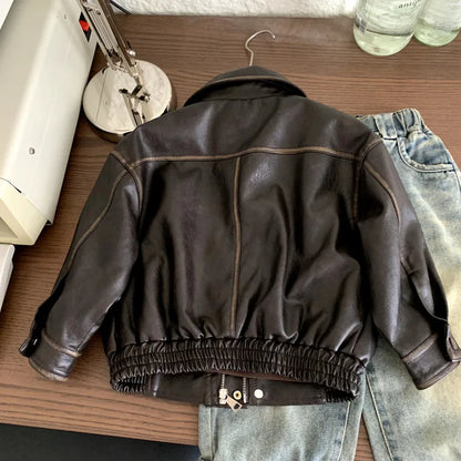 Boys Leather Jacket 2025 Autumn Spring Korean Style New Arrival Trendy Fashion Cool Brown Solid Color Jackets Coats