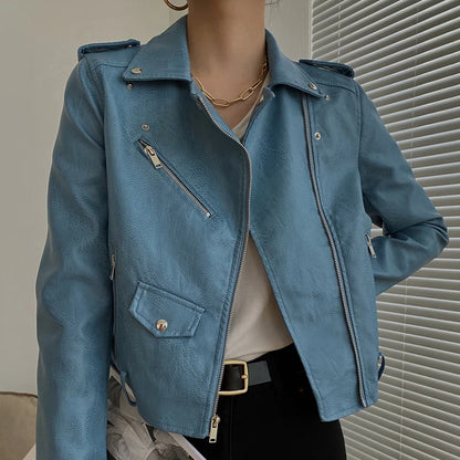New Leather Jacket Women's Fashion Autumn PU Slim Fit Artificial Leather Motorcycle Coat Black Red Leather Jacket Women