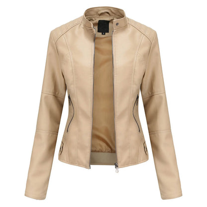 Women's Solid Color Pu Leather Jackets Slim Fit Zipper Leather Bomber Coat Turtleneck Women's Motorcycle Leather Jackets куртка