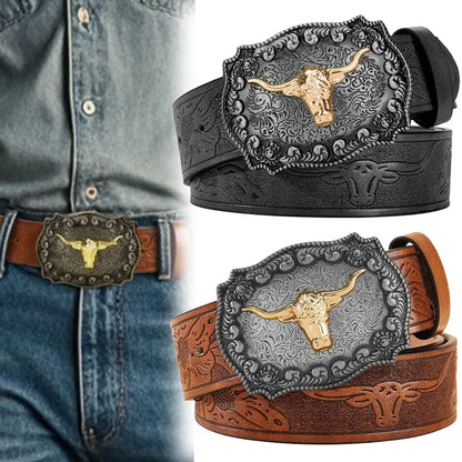 Men Western Cowboy Belt, Black Faux Leather with Embossed Pattern, Stylish Alloy Buckle, Cool Fashion Waist Belt for Daily Wear