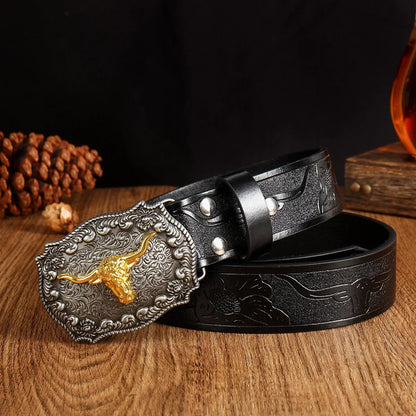Men Western Cowboy Belt, Black Faux Leather with Embossed Pattern, Stylish Alloy Buckle, Cool Fashion Waist Belt for Daily Wear