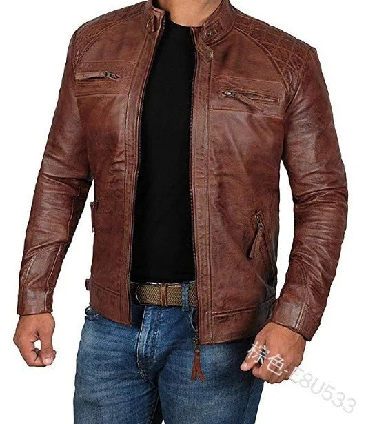 2022 Men Leather Jacket Teenagers Stand Collar Punk Men Motorcycle Leather Jacket Brown Leather Jacket Chaqueta De Los Hombres