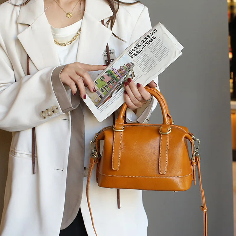 New Genuine Leather Boston Bag for Women First Layer Cowhide Shoulder Crossbody Handbag Elegant Versatile Top Handle Purse