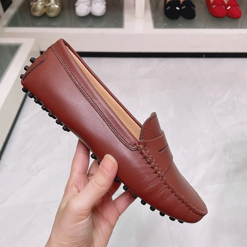 Ladies Spring Summer Genuine Leather Slip-On Shoes Soft Bottom Lightweight Comfortable Walking Flats Casual Office Footwear