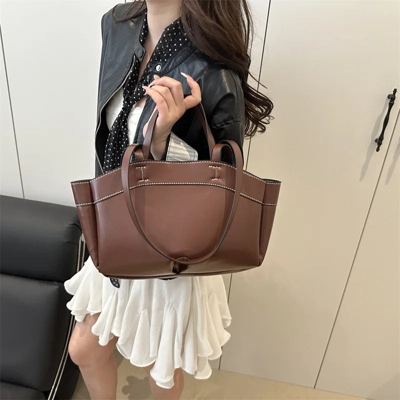 Minimalist Sleek Leather 2-in-1 Tote BagS Large Capacity Shoulder Bag with Top Handle Spacious Purse for Work Commute Occasions