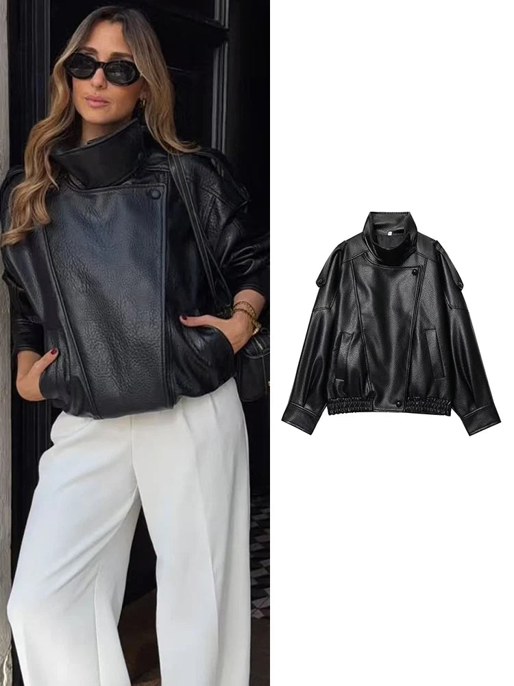 Women Fashion Leather Jacket Autumn Winter Loose Causal PU Faux Leather Jackets Coat Fashion Street Motorcycle Jackets