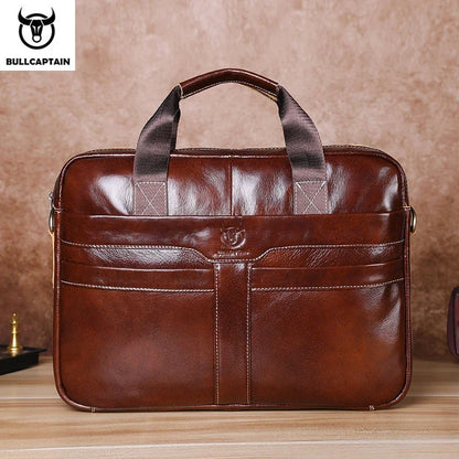 BULLCAPTAIN Leather Laptop Bag, Top Layer Leather 15" Laptop Bag Men's Laptop Briefcase Briefcase Work Business Travel Bag 053