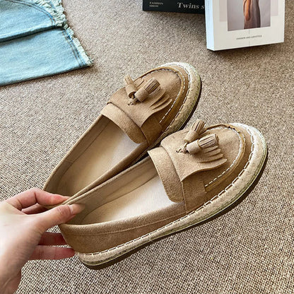 Fashionable Loafers women new high-quality suede leather retro woven comfortable flat shoes women's daily casual single shoes 40