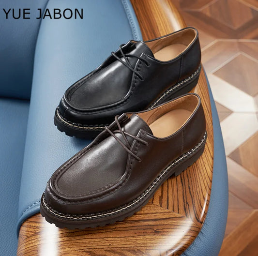 Thick-Soled Derby Shoes Genuine Leather Men's Shoes Designer Lace-Up Casual Shoes Wear-Resistant Trendy Handmade Men's Shoes