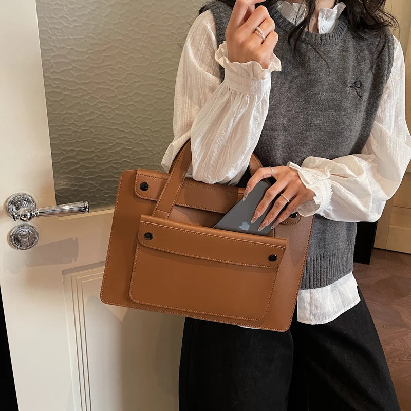 Portable Laptop Bag Size 14.2inch X 9.8inch Fashion iPad Air Bag Solid Pu Leather Handbag Women Computer Briefcase Bag Brown