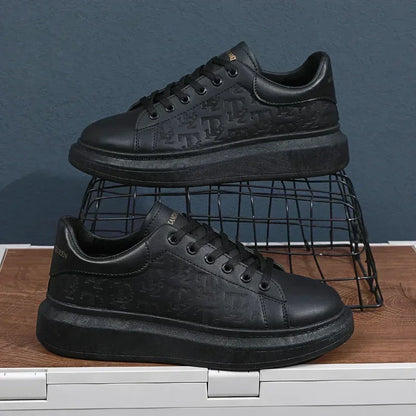 Leather Casual Shoes Men 2025 New Lace-up Thick Sole Casual Sneakers Versatile Leather Muffin Shoes Elevated Male Board Footwear