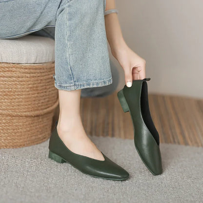 Genuine Leather Multi-color Low-heeled women's Shoes  Round Toe Flat Bottom Shallow Cut Single Shoe Casual Versatile Loafers