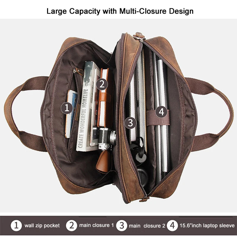 High Quality Genuine Leather Men Briefcase Business bag Crazy Horse Leather Large 17"inch Laptop Bag male Portfolio Office Case