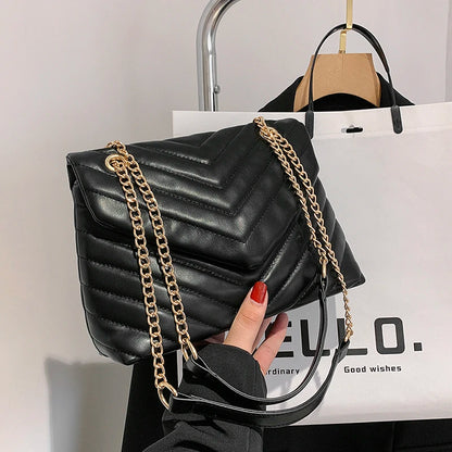 Embroidery Thread PU Leather Crossbody Bags For Women 2025 Women's Branded Trending Shoulder Handbags Chain Clutch Bag Black