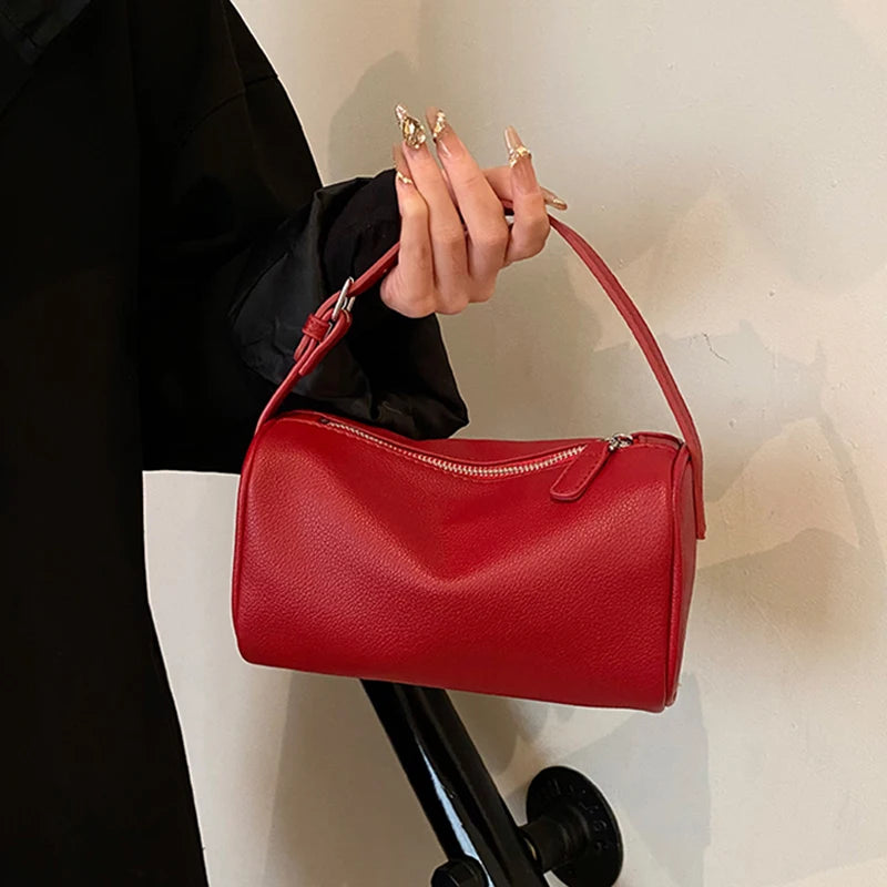 Red Soft Leather Handbag Women 2026 Spring Summer New Casual Crossbody Bags Korean Solid Versatile One Shoulder bag Trend