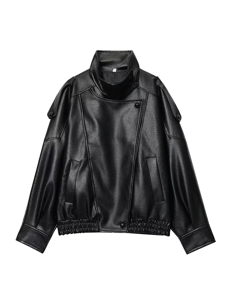 Women Fashion Leather Jacket Autumn Winter Loose Causal PU Faux Leather Jackets Coat Fashion Street Motorcycle Jackets