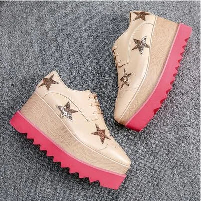 Luxury design thick-soled women's sports shoes fashion star real leather women's casual shoes runway wooden sole women's shoes