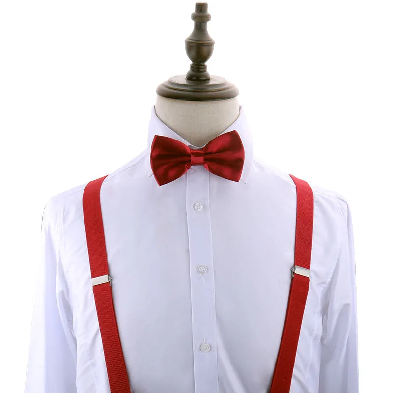 Suspenders Man Bowtie Solid Color Elastic PU Leather Suspenders For Man Belt Adjustable Straps For Wedding Bow Tie Accessories