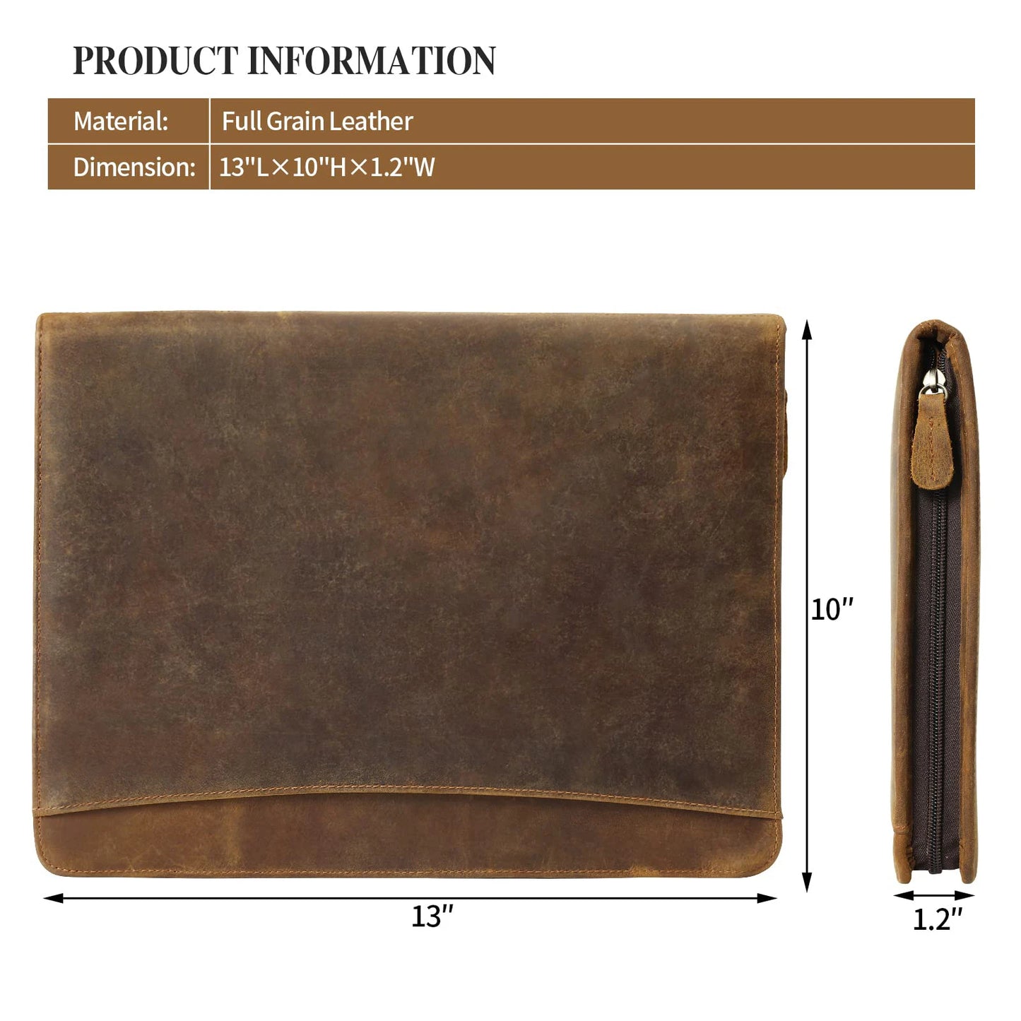 Vintage Crazy Horse Full Grain Leather Briefcase - 12.9" Laptop Bag 25x33x4cm Folder Organizer, 700g Lightweight Mens Office Bag