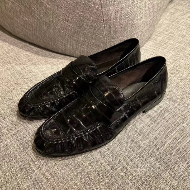Large Size Genuine Leather Loafers High Quality Thick Heel Slip-on small Leather Shoes Elegant Commuting Office Women' s Shoes