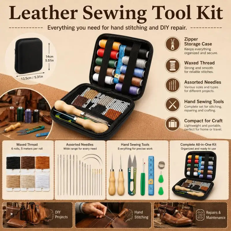 Leather Sewing Tools Kit With Waxed Thread And Needles Awl Professional DIY Leather Handmade Craft Accessories Tools