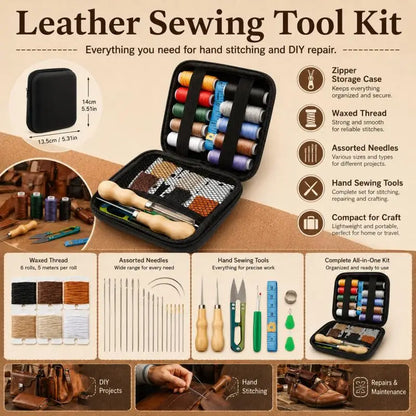 Leather Sewing Tools Kit With Waxed Thread And Needles Awl Professional DIY Leather Handmade Craft Accessories Tools
