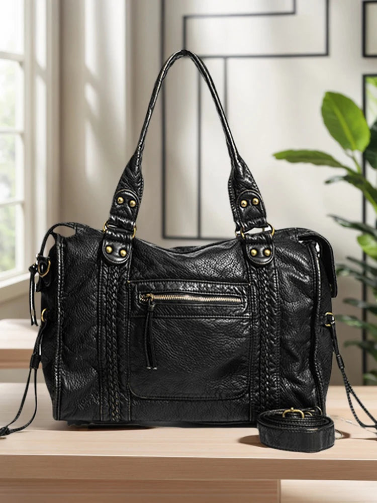 Leather Retro Shoulder Bag for Women with Pockets Shoulder Handbag Top Handle Bag Shopper Bag for Work Travel