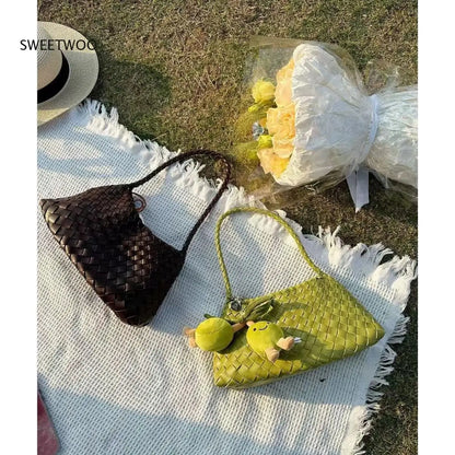 Women's Woven Leather Shoulder Bag Braided Strap Casual Handbag