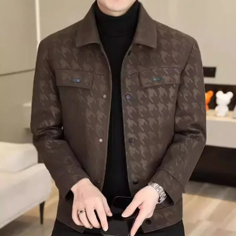 New Fashion Men Houndstooth Leather Jackets Male Spring Autumn Slim Casual Leather Coats Good Quality Man Leather Jackets 5XL
